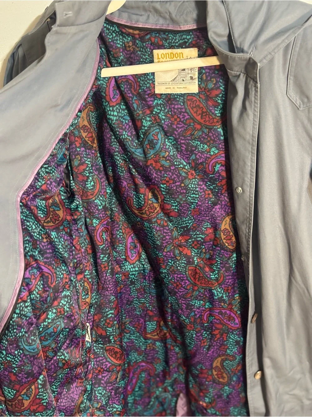 Vintage London Fog Gray Trench Coat w/ Vibrant Paisley Lining